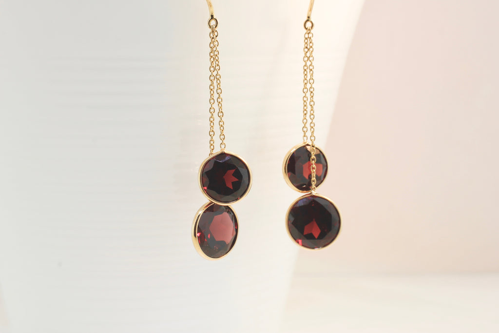 Cascade Garnet Round Bezel Double Dangle Earrings-Earrings-Nari Fine Jewels-Nari Fine Jewels