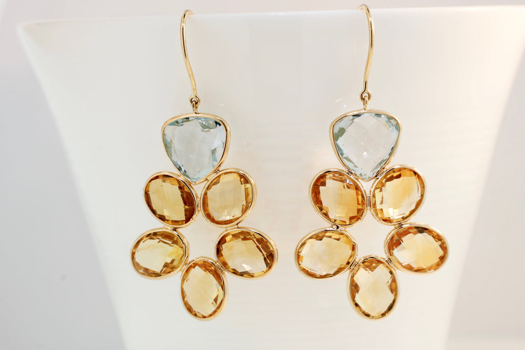 Kami Citrine and Blue Topaz Flower Dangle Earrings-Earrings-Nari Fine Jewels-Nari Fine Jewels