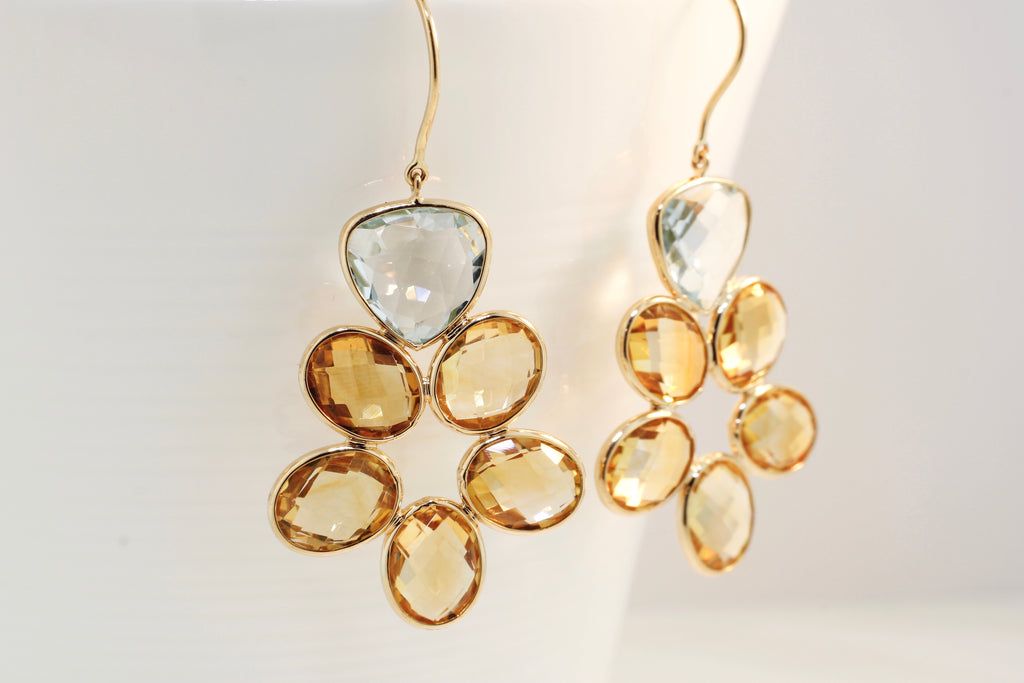 Kami Citrine and Blue Topaz Flower Dangle Earrings-Earrings-Nari Fine Jewels-Nari Fine Jewels