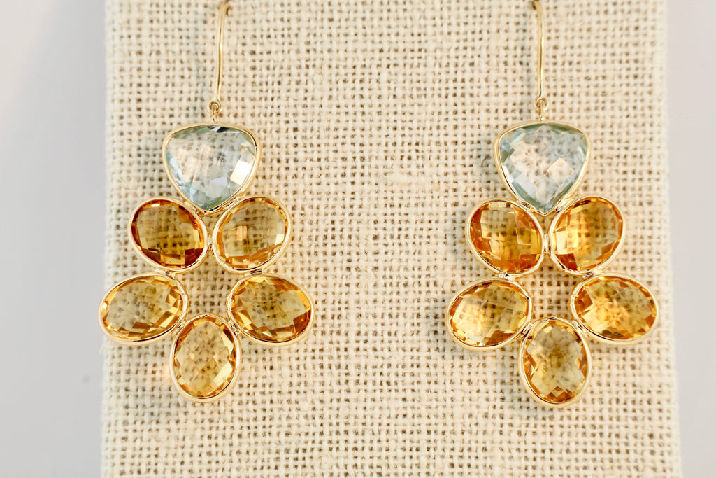 Kami Citrine and Blue Topaz Flower Dangle Earrings-Earrings-Nari Fine Jewels-Nari Fine Jewels