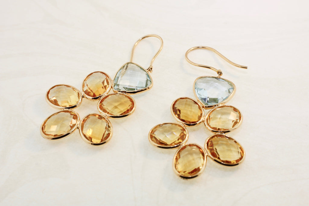 Kami Citrine and Blue Topaz Flower Dangle Earrings-Earrings-Nari Fine Jewels-Nari Fine Jewels