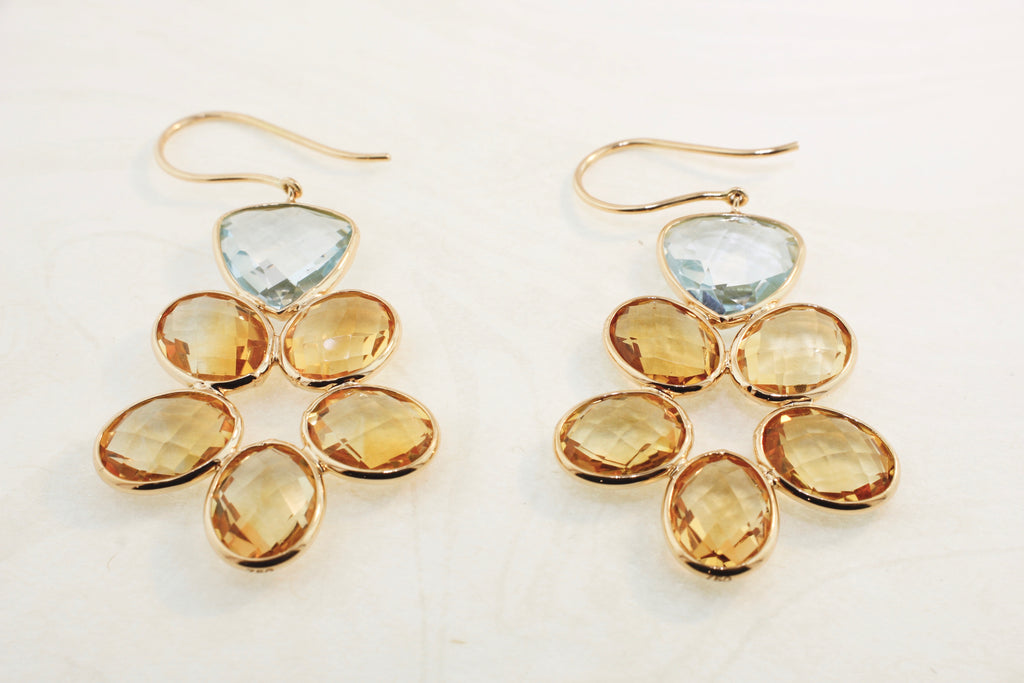 Kami Citrine and Blue Topaz Flower Dangle Earrings-Earrings-Nari Fine Jewels-Nari Fine Jewels