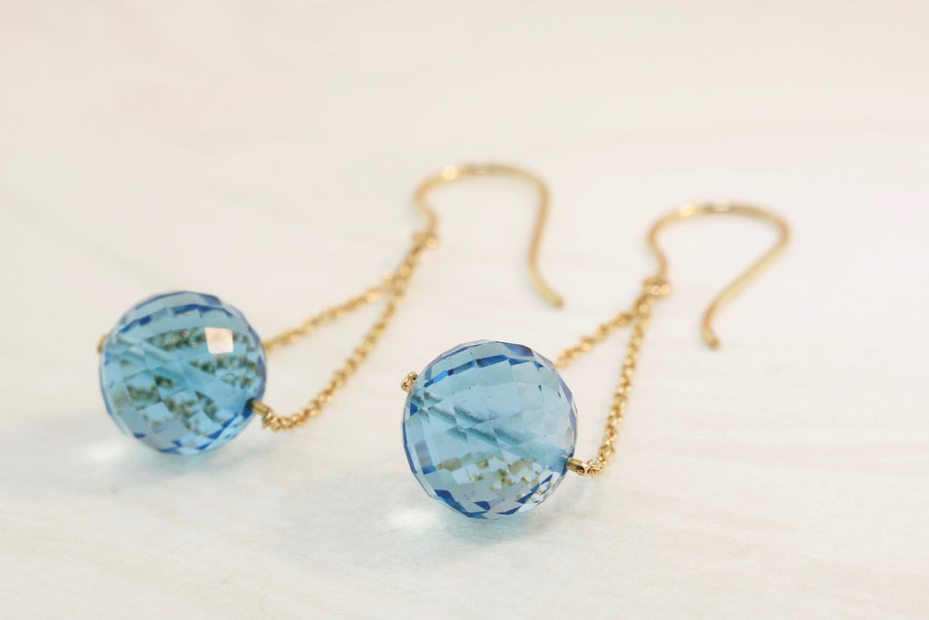 Eve Blue Topaz Checker Cut Bead Dangle Earrings-Earrings-Nari Fine Jewels-Nari Fine Jewels