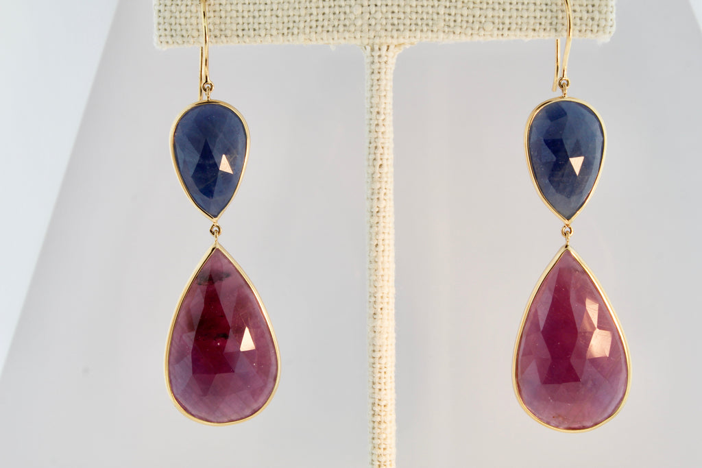 Isabel Ruby and Sapphire Pear Shaped Dangle Earring-Earrings-Nari Fine Jewels-Nari Fine Jewels