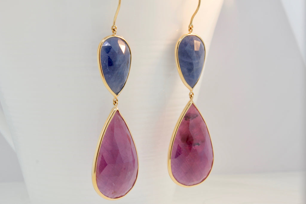 Isabel Ruby and Sapphire Pear Shaped Dangle Earring-Earrings-Nari Fine Jewels-Nari Fine Jewels