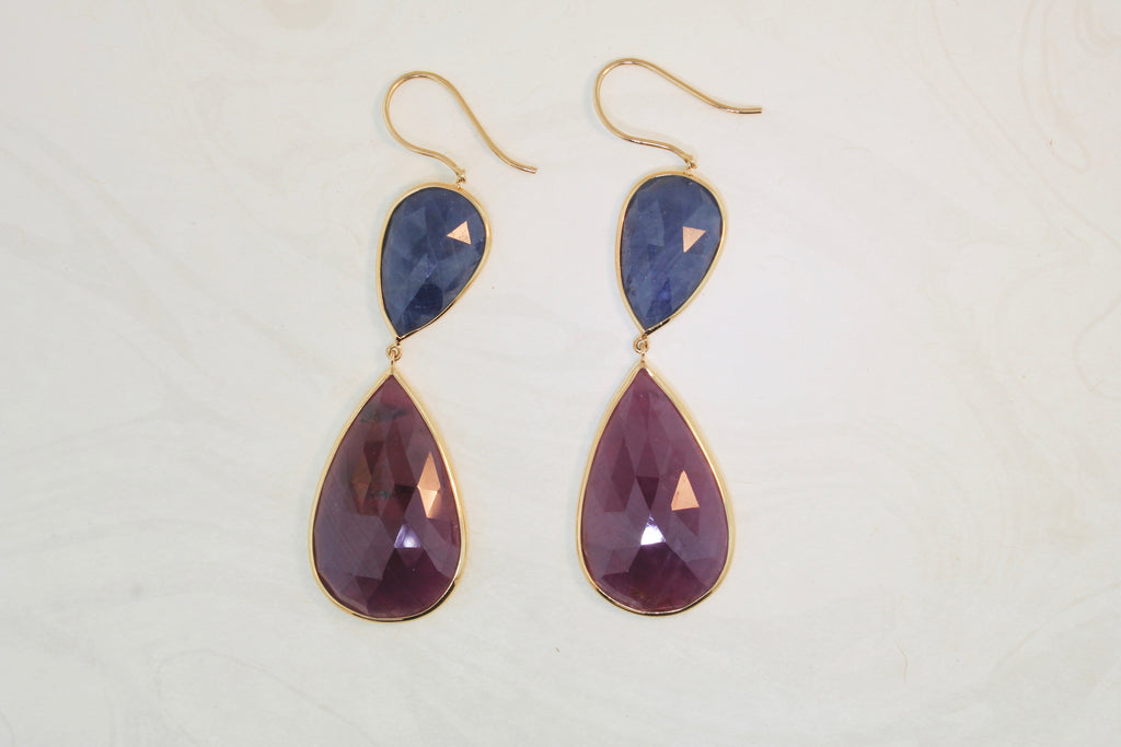 Isabel Ruby and Sapphire Pear Shaped Dangle Earring-Earrings-Nari Fine Jewels-Nari Fine Jewels