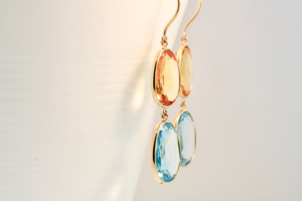 Isabel Citrine and Blue Topaz Bezel Earrings-Earrings-Nari Fine Jewels-Nari Fine Jewels