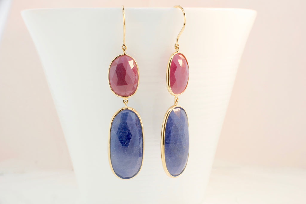 Isabel Ruby and Sapphire Oval Shaped Dangle Earring-Earrings-Nari Fine Jewels-Nari Fine Jewels