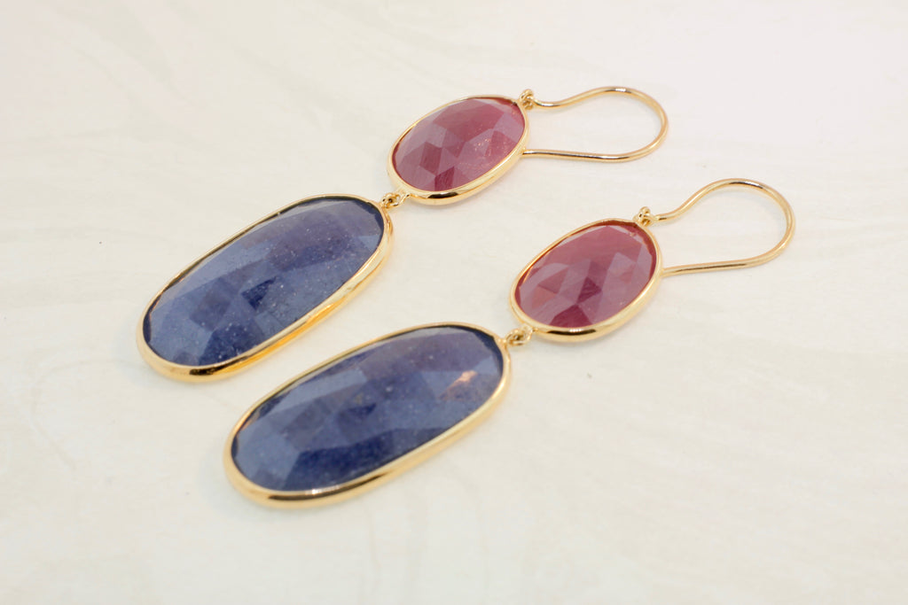 Isabel Ruby and Sapphire Oval Shaped Dangle Earring-Earrings-Nari Fine Jewels-Nari Fine Jewels