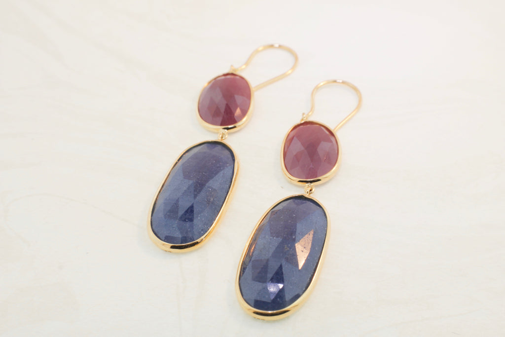 Isabel Ruby and Sapphire Oval Shaped Dangle Earring-Earrings-Nari Fine Jewels-Nari Fine Jewels