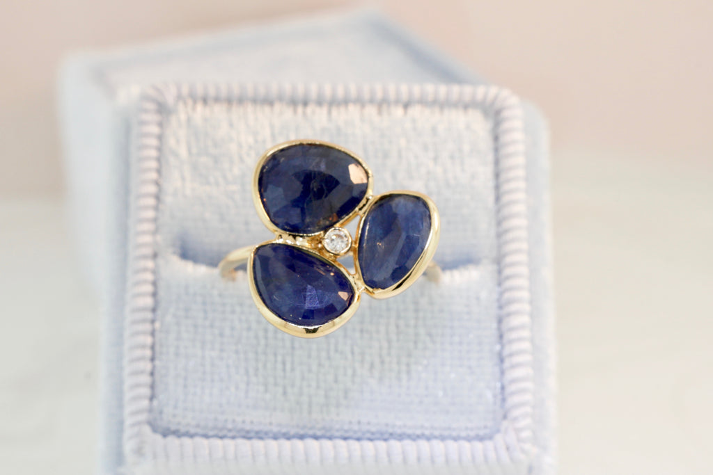 Iris Sapphire Three Petal Ring with Diamond-Rings-Nari Fine Jewels-Nari Fine Jewels