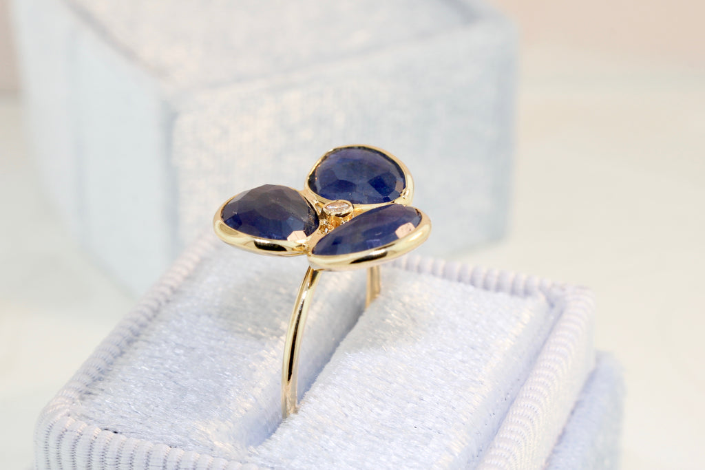 Iris Sapphire Three Petal Ring with Diamond-Rings-Nari Fine Jewels-Nari Fine Jewels