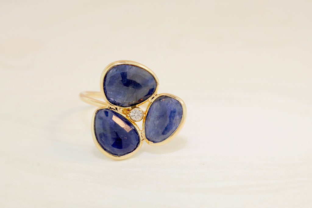 Iris Sapphire Three Petal Ring with Diamond-Rings-Nari Fine Jewels-Nari Fine Jewels