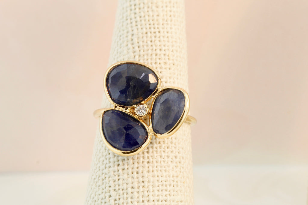 Iris Sapphire Three Petal Ring with Diamond-Rings-Nari Fine Jewels-Nari Fine Jewels