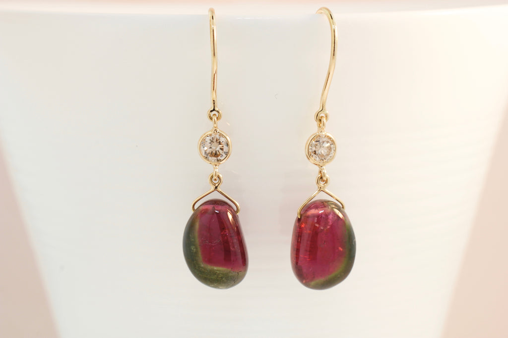 Cali Polished Bi Colored Watermelon Tourmaline and Diamond Dangle Earrings-Earrings-Nari Fine Jewels-Nari Fine Jewels