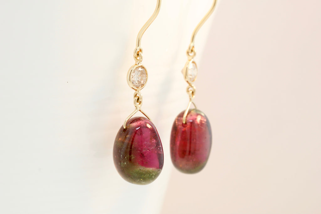 Cali Polished Bi Colored Watermelon Tourmaline and Diamond Dangle Earrings-Earrings-Nari Fine Jewels-Nari Fine Jewels