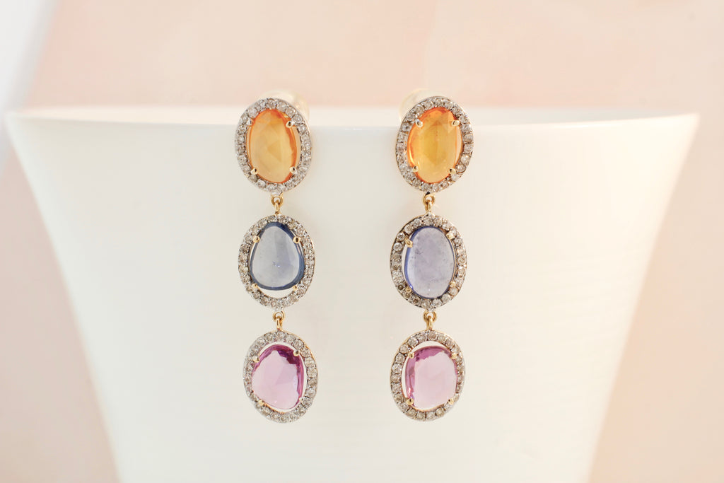 Lila Multi Colored Sapphire with Diamond Halo Triple Dangle Earrings-Earrings-Nari Fine Jewels-Nari Fine Jewels