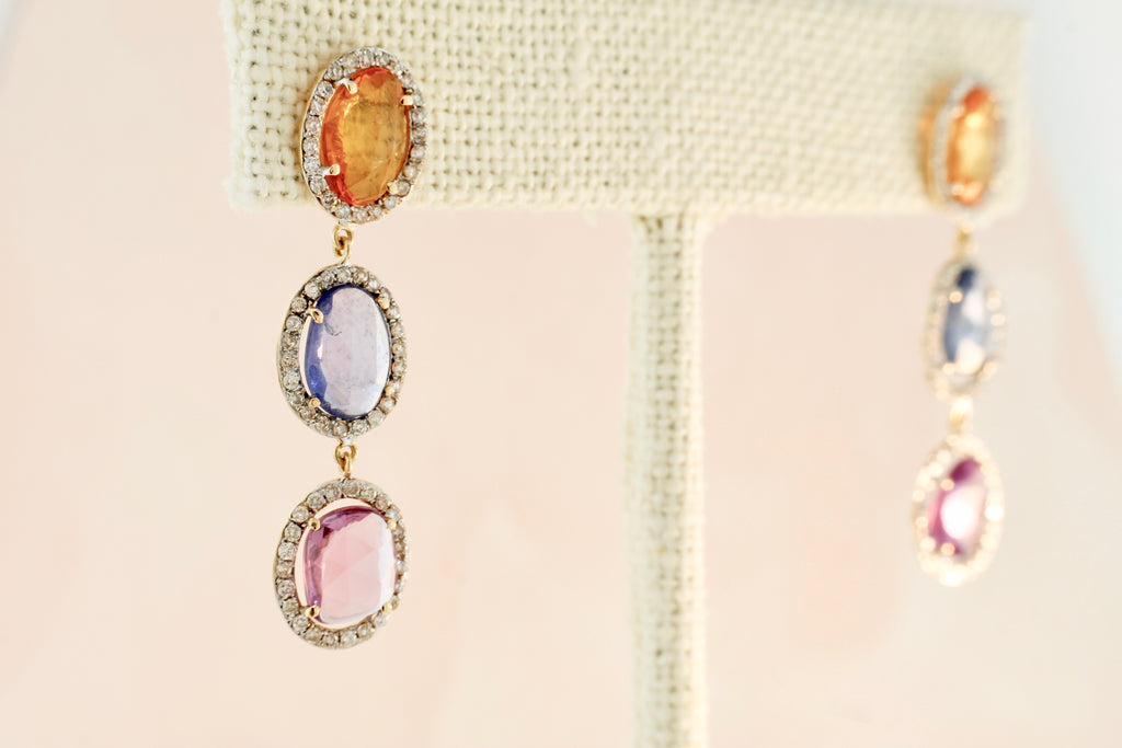 Lila Multi Colored Sapphire with Diamond Halo Triple Dangle Earrings-Earrings-Nari Fine Jewels-Nari Fine Jewels