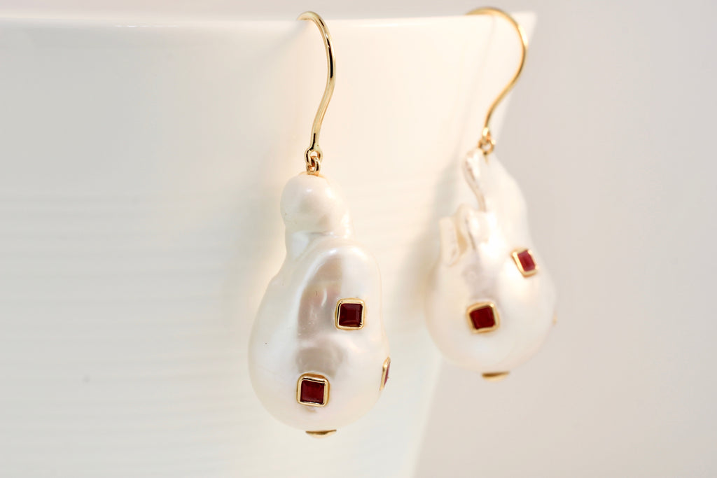 Starla Pearl with Ruby Dangle Earrings-Earrings-Nari Fine Jewels-Nari Fine Jewels