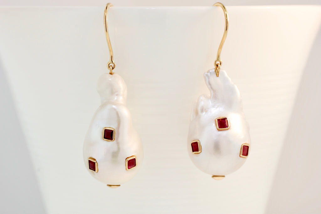 Starla Pearl with Ruby Dangle Earrings-Earrings-Nari Fine Jewels-Nari Fine Jewels