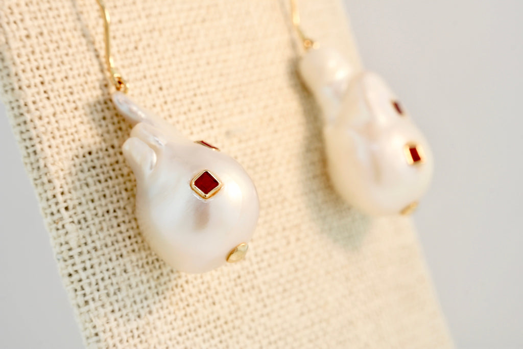 Starla Pearl with Ruby Dangle Earrings-Earrings-Nari Fine Jewels-Nari Fine Jewels