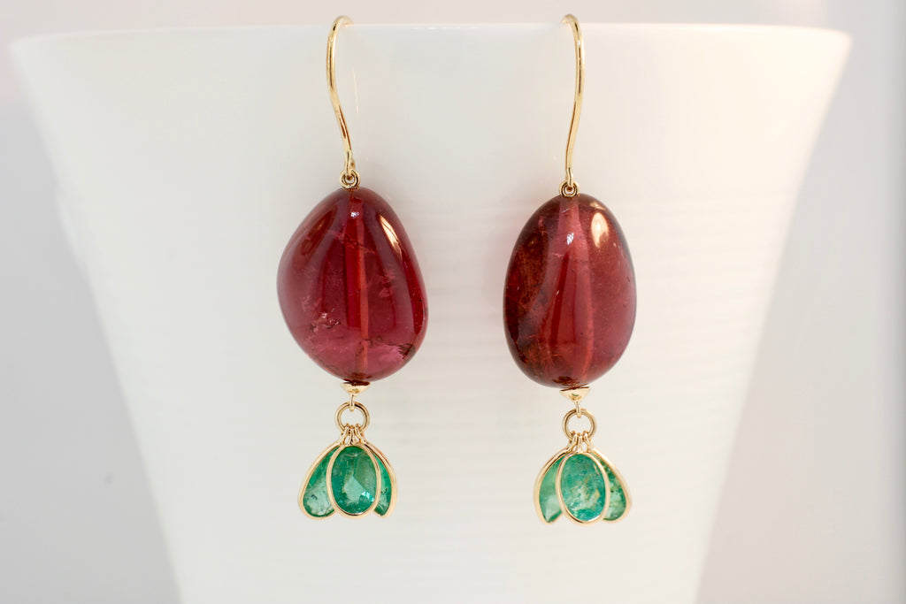 Cheri Polished Tourmaline with Emerald Dangle Earrings-Earrings-Nari Fine Jewels-Nari Fine Jewels