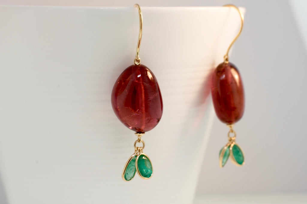 Cheri Polished Tourmaline with Emerald Dangle Earrings-Earrings-Nari Fine Jewels-Nari Fine Jewels