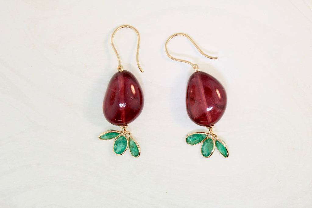 Cheri Polished Tourmaline with Emerald Dangle Earrings-Earrings-Nari Fine Jewels-Nari Fine Jewels