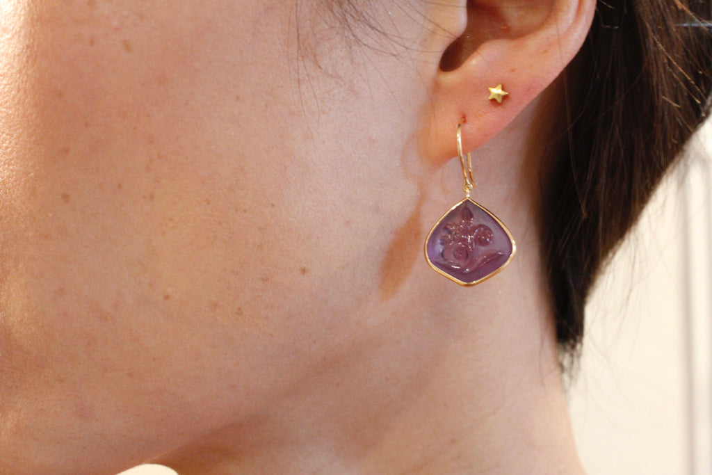 Ava Amethyst Flower Carved Dangle Earrings-Earrings-Nari Fine Jewels-Nari Fine Jewels