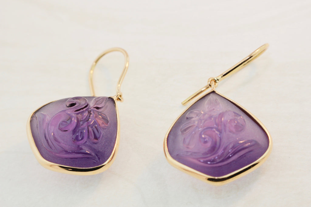 Ava Amethyst Flower Carved Dangle Earrings-Earrings-Nari Fine Jewels-Nari Fine Jewels