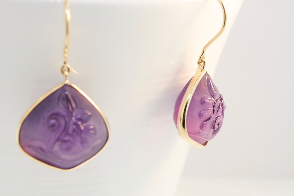 Ava Amethyst Flower Carved Dangle Earrings-Earrings-Nari Fine Jewels-Nari Fine Jewels