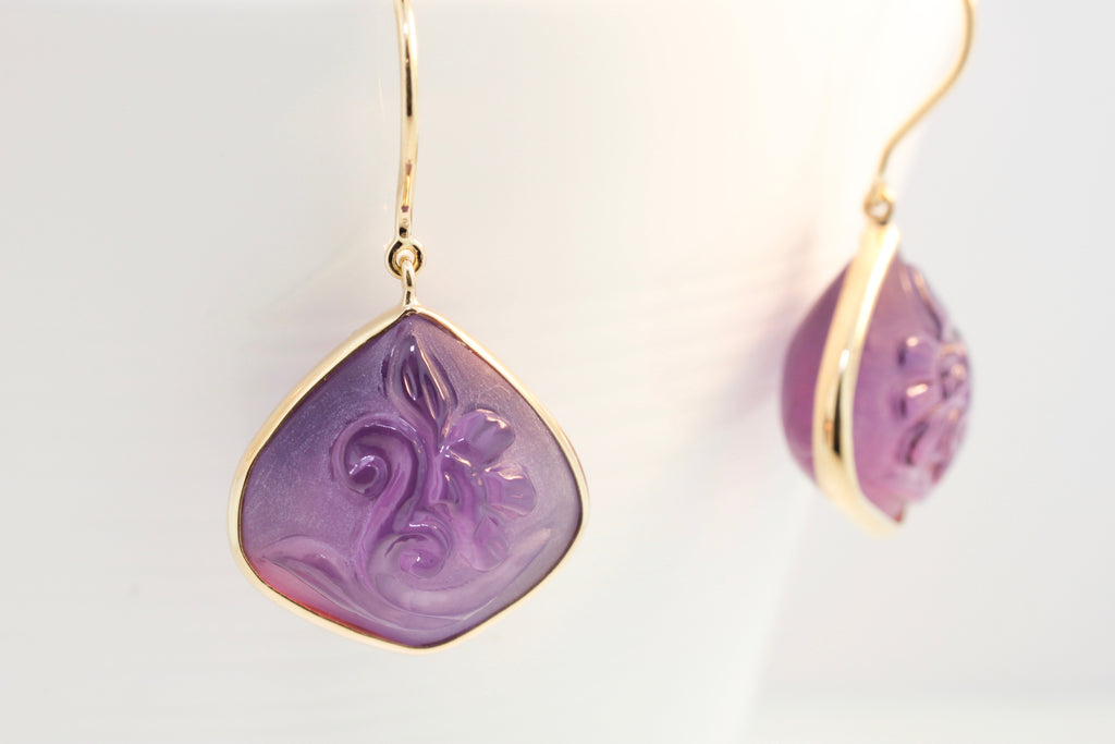Ava Amethyst Flower Carved Dangle Earrings-Earrings-Nari Fine Jewels-Nari Fine Jewels