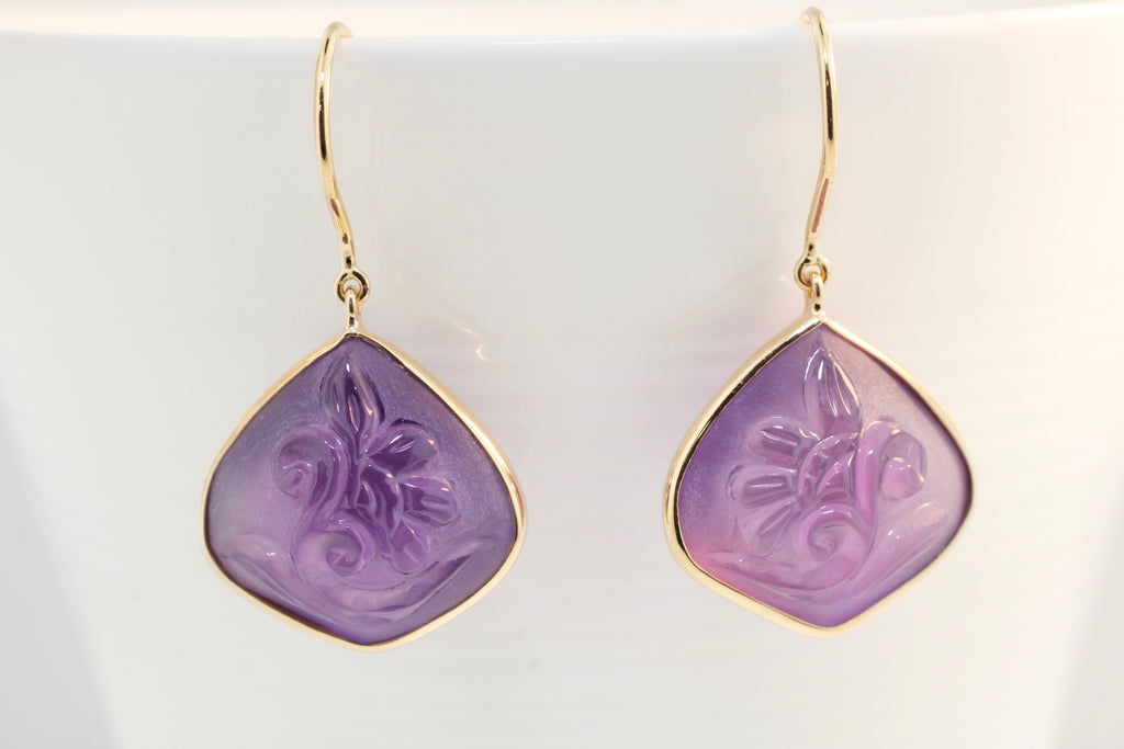 Ava Amethyst Flower Carved Dangle Earrings-Earrings-Nari Fine Jewels-Nari Fine Jewels