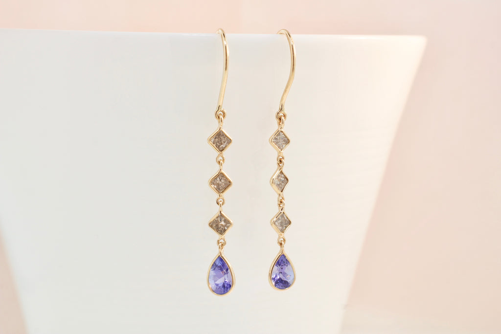 Nola Square Diamond and Pear Shaped Tanzanite Line Dangle Earrings-Earrings-Nari Fine Jewels-Nari Fine Jewels