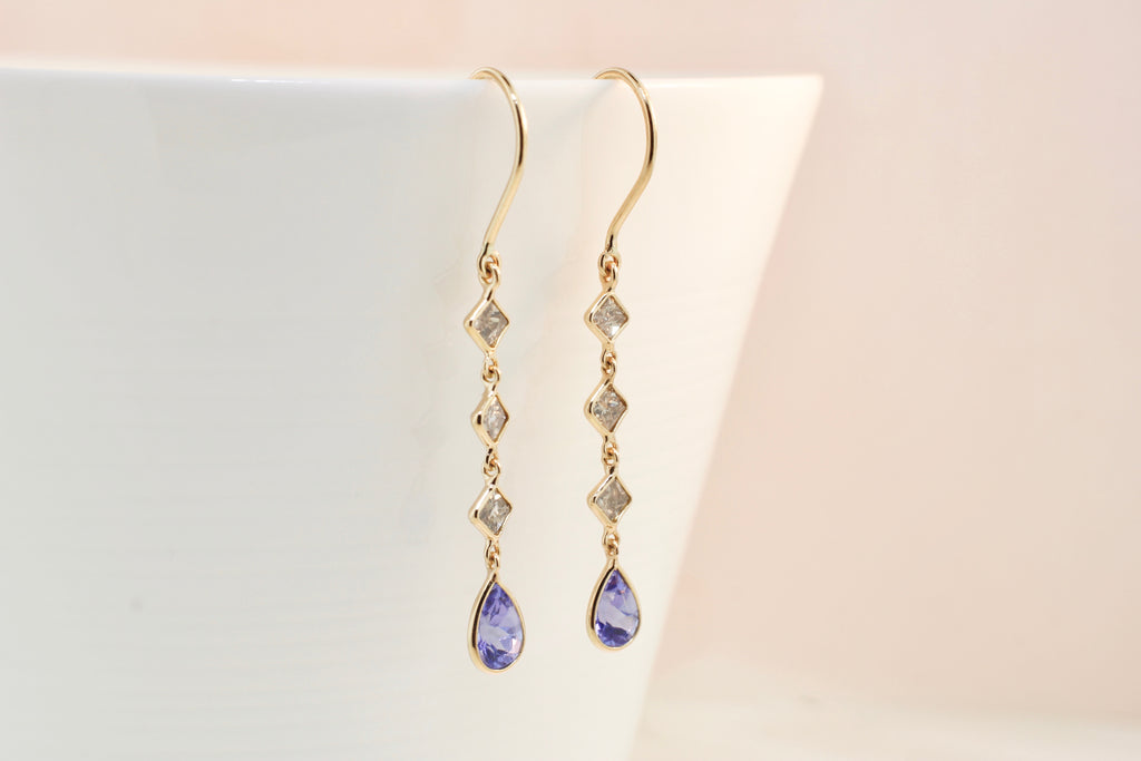 Nola Square Diamond and Pear Shaped Tanzanite Line Dangle Earrings-Earrings-Nari Fine Jewels-Nari Fine Jewels