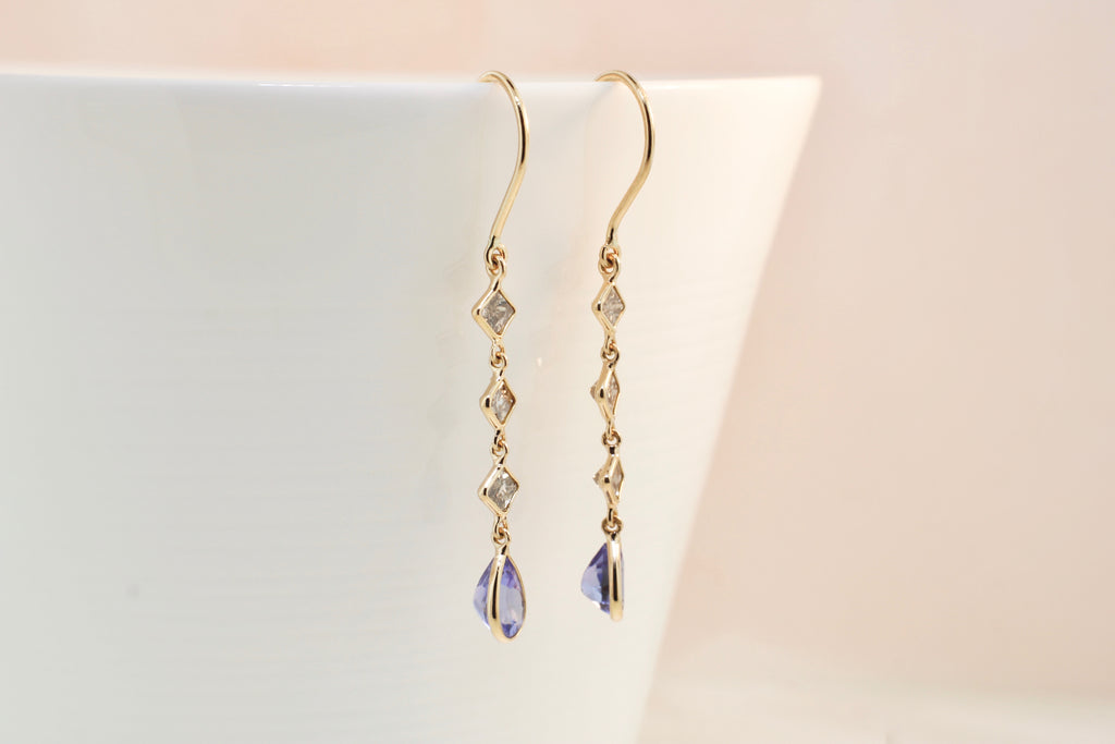 Nola Square Diamond and Pear Shaped Tanzanite Line Dangle Earrings-Earrings-Nari Fine Jewels-Nari Fine Jewels
