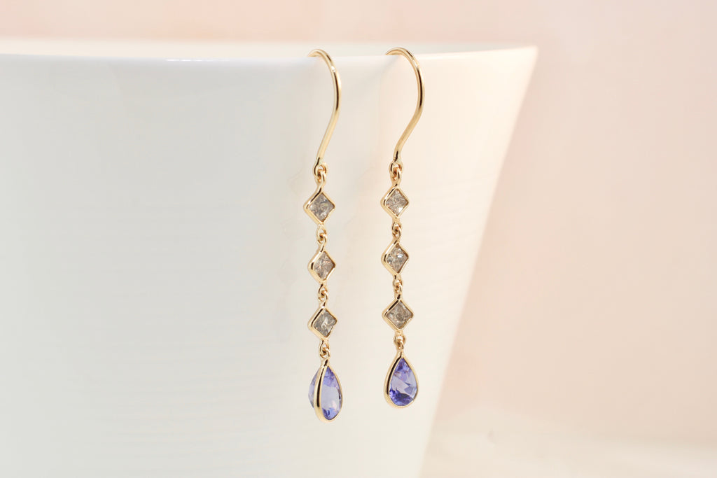 Nola Square Diamond and Pear Shaped Tanzanite Line Dangle Earrings-Earrings-Nari Fine Jewels-Nari Fine Jewels