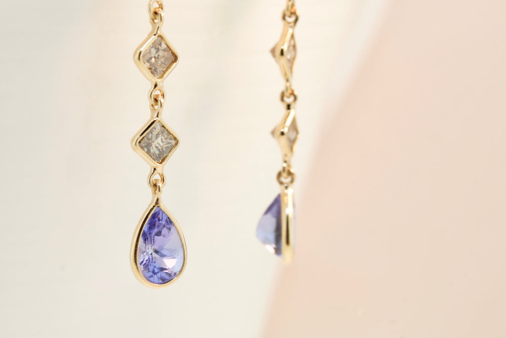 Nola Square Diamond and Pear Shaped Tanzanite Line Dangle Earrings-Earrings-Nari Fine Jewels-Nari Fine Jewels