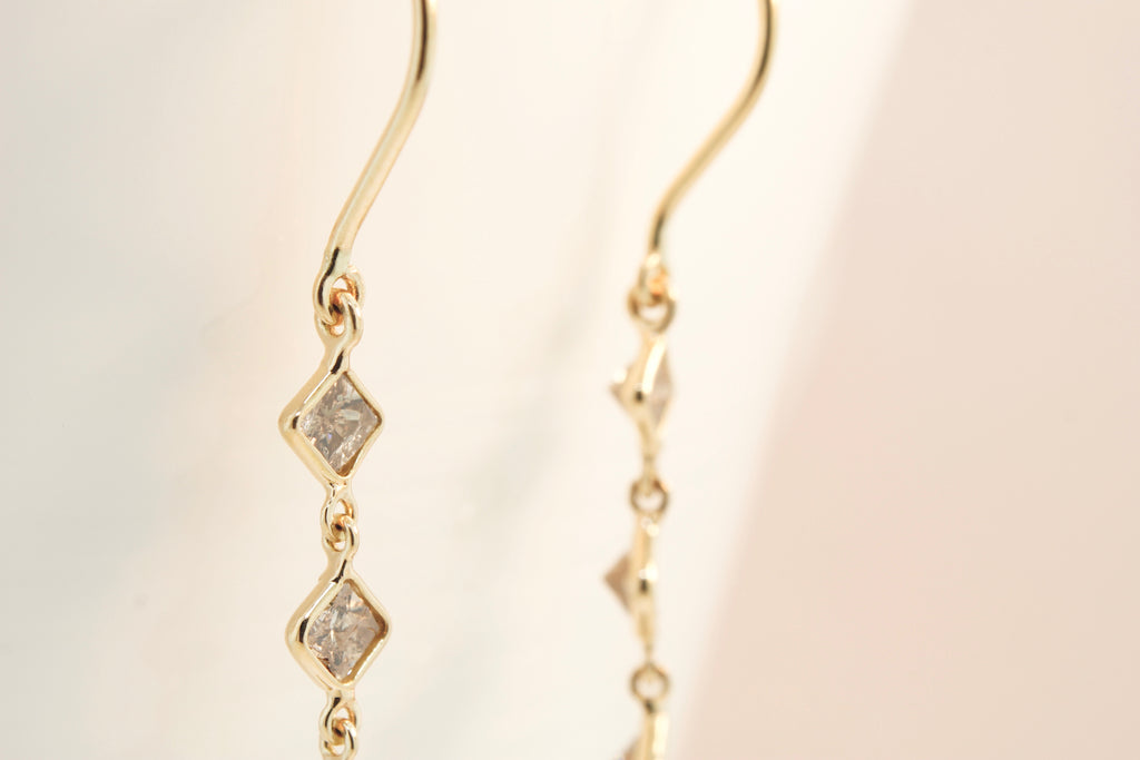 Nola Square Diamond and Pear Shaped Tanzanite Line Dangle Earrings-Earrings-Nari Fine Jewels-Nari Fine Jewels