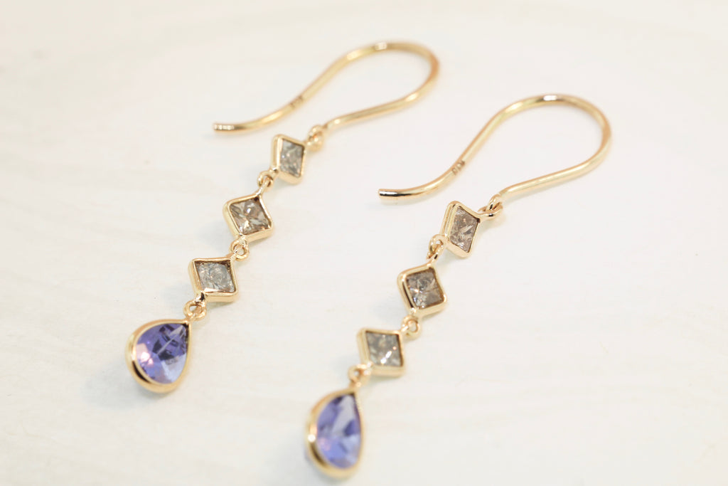 Nola Square Diamond and Pear Shaped Tanzanite Line Dangle Earrings-Earrings-Nari Fine Jewels-Nari Fine Jewels
