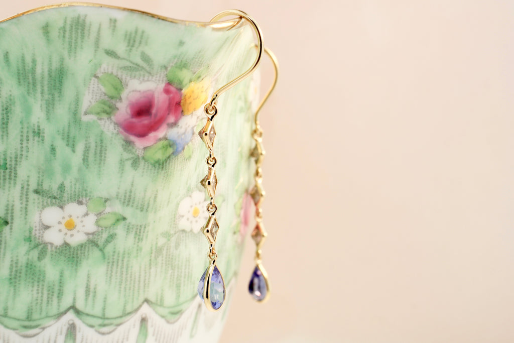 Nola Square Diamond and Pear Shaped Tanzanite Line Dangle Earrings-Earrings-Nari Fine Jewels-Nari Fine Jewels