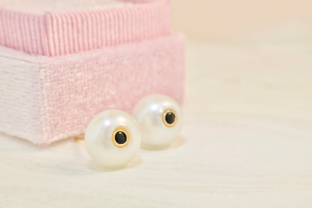 Nixie Pearl Stud with Sapphire Center Earrings-Earrings-Nari Fine Jewels-Nari Fine Jewels