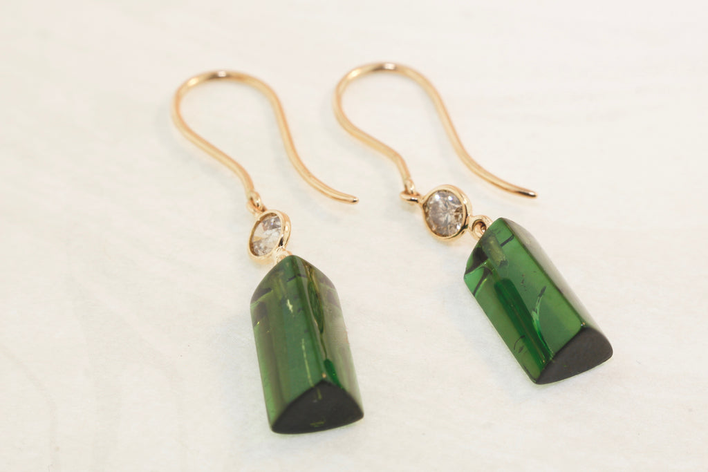 Cali Green Tourmaline Faceted Crystal and Diamond Dangle Earrings-Earrings-Nari Fine Jewels-Nari Fine Jewels