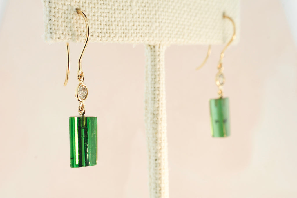 Cali Green Tourmaline Faceted Crystal and Diamond Dangle Earrings-Earrings-Nari Fine Jewels-Nari Fine Jewels