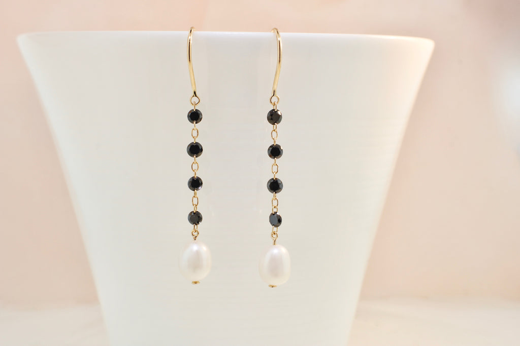 Raine Black Diamond and Pearl Floating Dangle Earrings-Earrings-Nari Fine Jewels-Nari Fine Jewels
