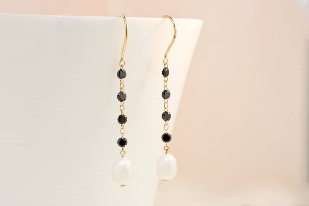 Raine Black Diamond and Pearl Floating Dangle Earrings-Earrings-Nari Fine Jewels-Nari Fine Jewels