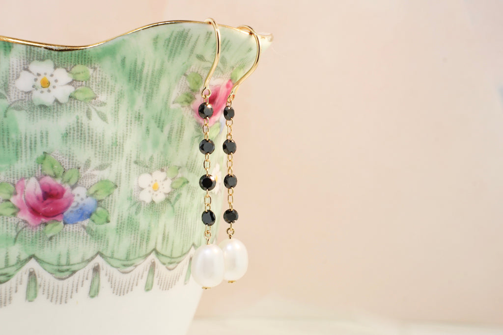 Raine Black Diamond and Pearl Floating Dangle Earrings-Earrings-Nari Fine Jewels-Nari Fine Jewels