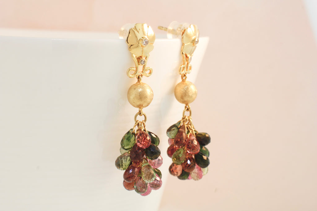 Portia Multi Colored Tourmaline Briolette with Diamond Accent Dangle Earrings-Earrings-Nari Fine Jewels-Nari Fine Jewels