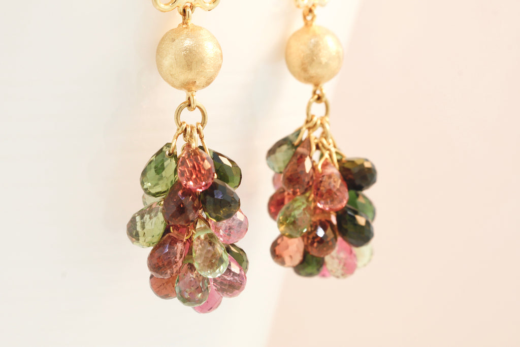 Portia Multi Colored Tourmaline Briolette with Diamond Accent Dangle Earrings-Earrings-Nari Fine Jewels-Nari Fine Jewels