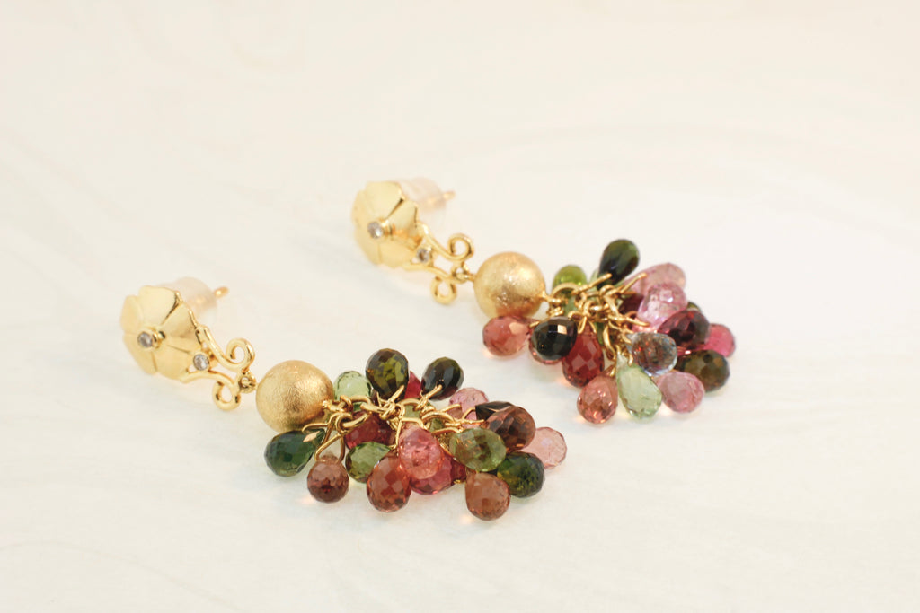 Portia Multi Colored Tourmaline Briolette with Diamond Accent Dangle Earrings-Earrings-Nari Fine Jewels-Nari Fine Jewels